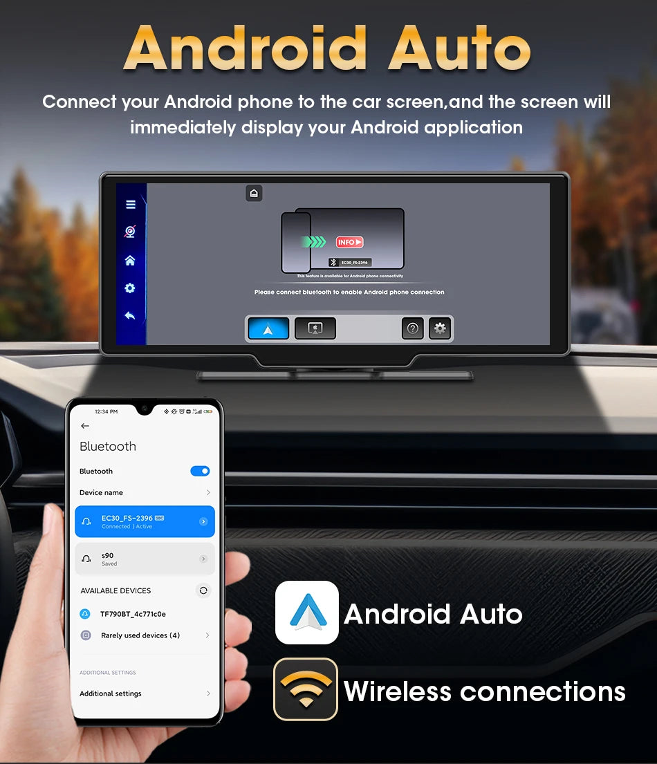 Universal 10.26" Portable 4K Car Dash Cam Android 13 System Wireless Carplay&Android Auto 5G WIFI GPS BT AUX FM Camera Recorder