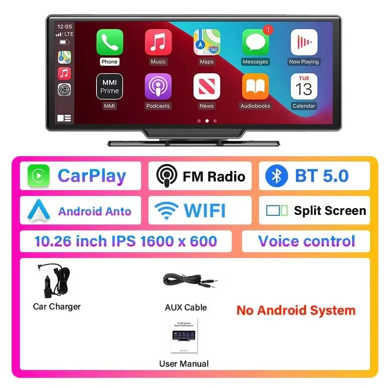 Universal 10.26" Portable 4K Car Dash Cam Android 13 System Wireless Carplay&Android Auto 5G WIFI GPS BT AUX FM Camera Recorder