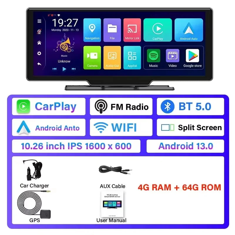 Universal 10.26" Portable 4K Car Dash Cam Android 13 System Wireless Carplay&Android Auto 5G WIFI GPS BT AUX FM Camera Recorder