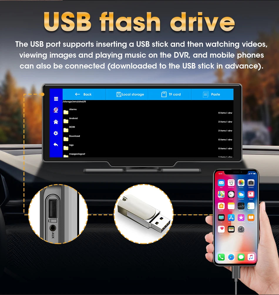 Universal 10.26" Portable 4K Car Dash Cam Android 13 System Wireless Carplay&Android Auto 5G WIFI GPS BT AUX FM Camera Recorder