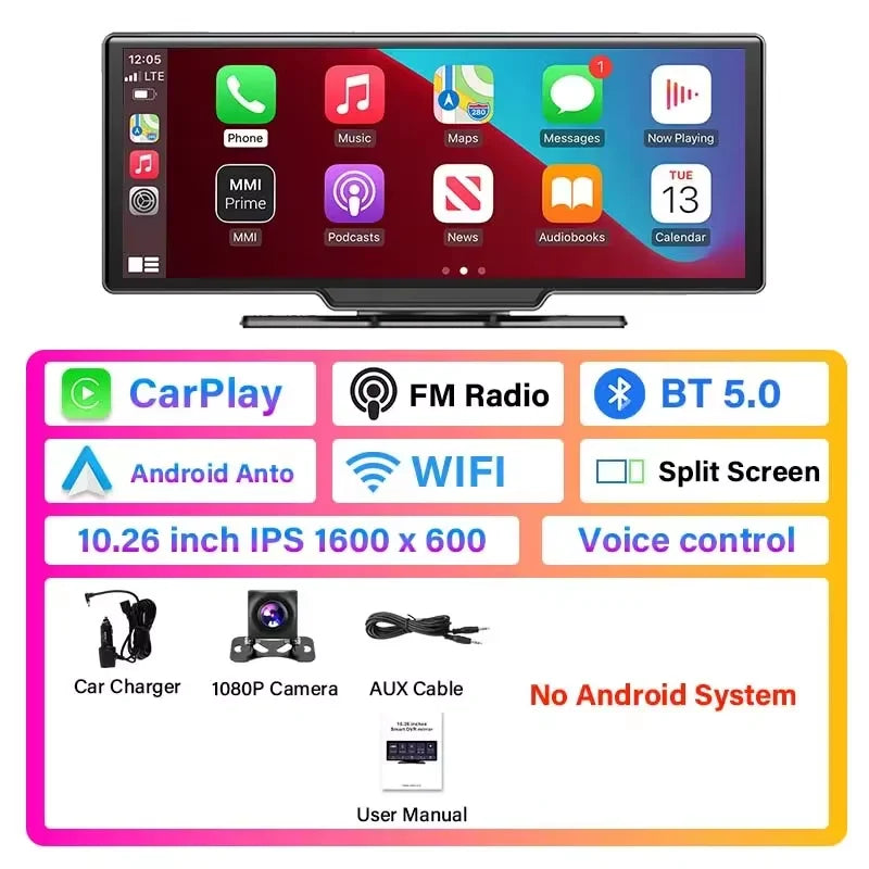 Universal 10.26" Portable 4K Car Dash Cam Android 13 System Wireless Carplay&Android Auto 5G WIFI GPS BT AUX FM Camera Recorder