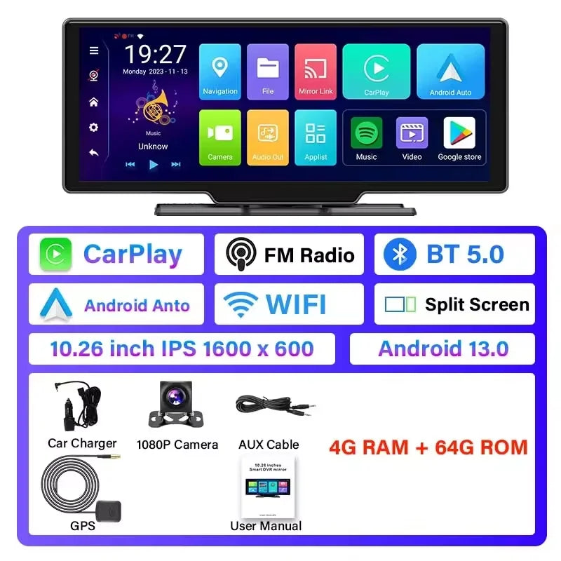 Universal 10.26" Portable 4K Car Dash Cam Android 13 System Wireless Carplay&Android Auto 5G WIFI GPS BT AUX FM Camera Recorder