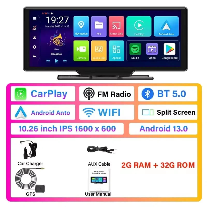 Universal 10.26" Portable 4K Car Dash Cam Android 13 System Wireless Carplay&Android Auto 5G WIFI GPS BT AUX FM Camera Recorder